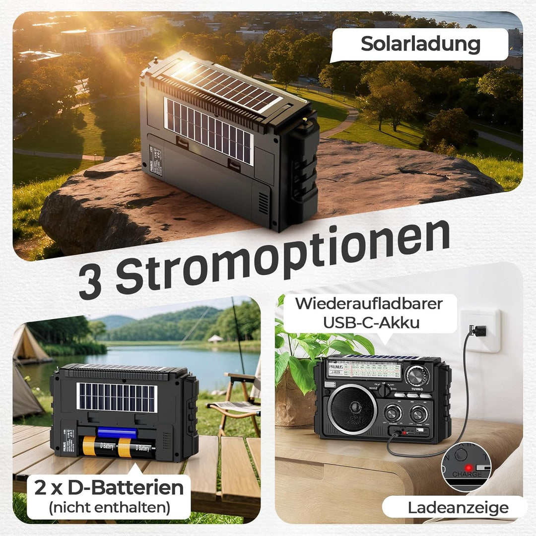 PRUNUS J-02 AM/FM/SW Weltempfänger Radio Klein, Solar Radio mit Akku 1800mAh oder D-Zellen Batterien