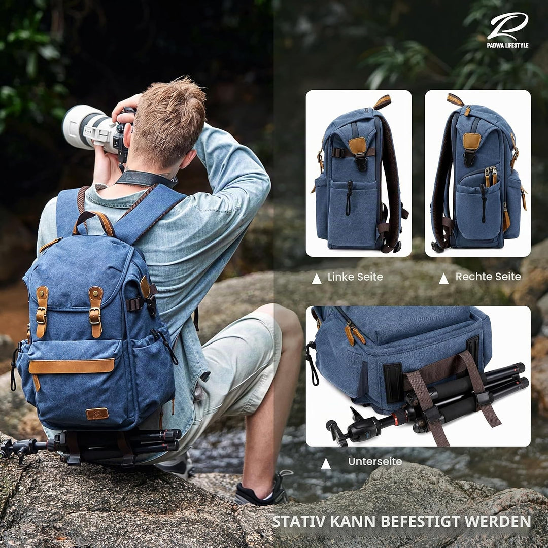 Padwa Lifestyle Kamerarucksack - Gewachstem Memory Canvas Kamerarucksack mit 16“ Laptop-/Objektivfac