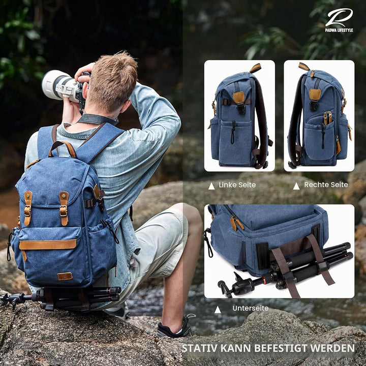 Padwa Lifestyle Kamerarucksack - Gewachstem Memory Canvas Kamerarucksack mit 16“ Laptop-/Objektivfac
