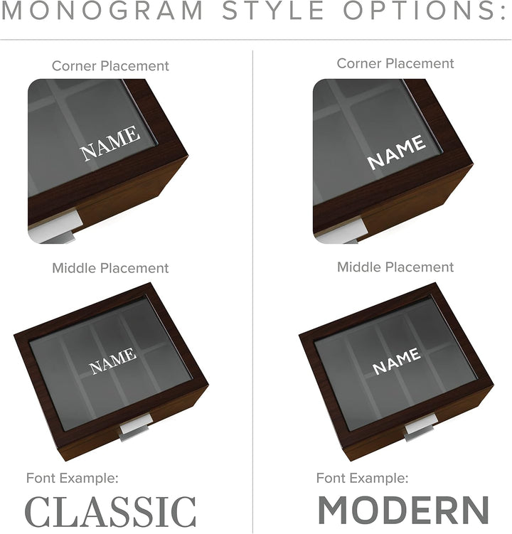 CASE ELEGANCE Monogrammierte Uhrenbox mit 8 Schlitzen, Organizer für Herren, Kirschholz, Walnussholz