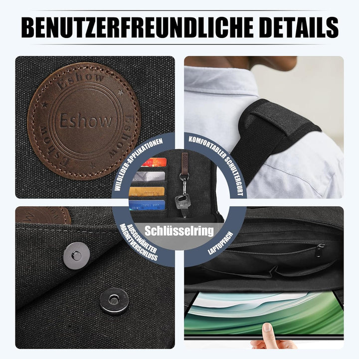 Eshow Umhängetasche Herren 14 Zoll Wasserabweisend, Laptoptasche Messenger Bag aus Echtleder und Can