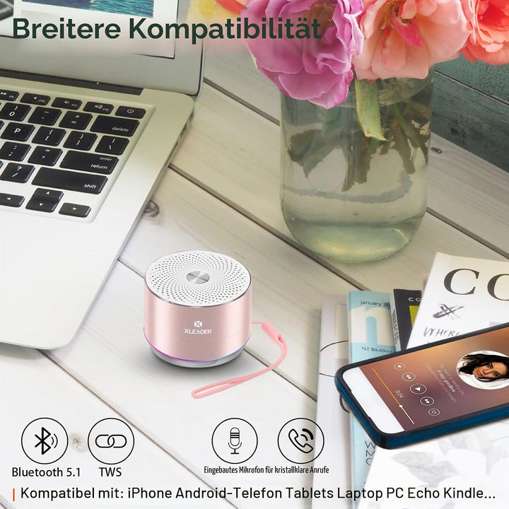 XLeader Dusche Lautsprecher, Rosa Mini Bluetooth Lautsprecher, IPX7 Wasserdicht, 5W Klar Sound&amp;Reich