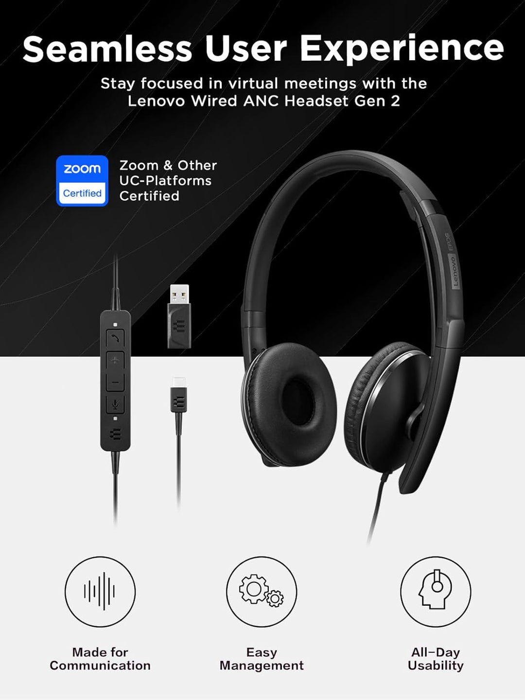 Lenovo Gen 2 - Headset - On-Ear - kabelgebunden - USB-C - Schwarz - Zoom Certified