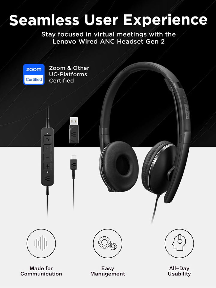 Lenovo Gen 2 - Headset - On-Ear - kabelgebunden - USB-C - Schwarz - Zoom Certified