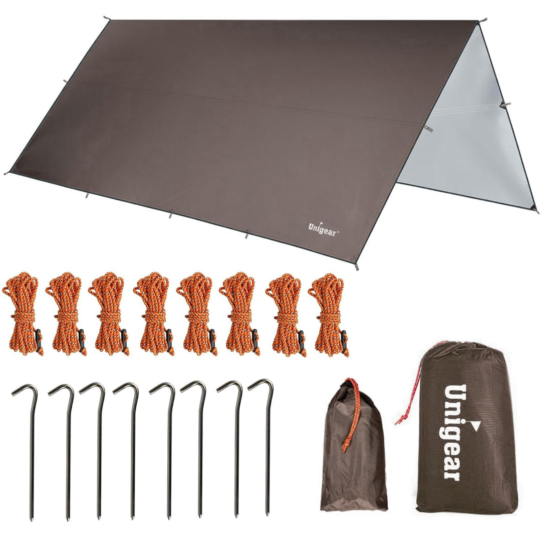 Unigear Tarp 3x3 3x4 3x5 4x4 wasserdicht, Zeltplane für Hängematte mit Ösen + 6/8 Erdnägel + 6/8 Sei