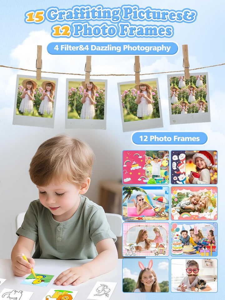 Sofortbildkamera Kinder, 1080FHD 48MP Dual-Kameraobjektive Kinderkamera, mit 4 Druckpapier 2,4 Zoll