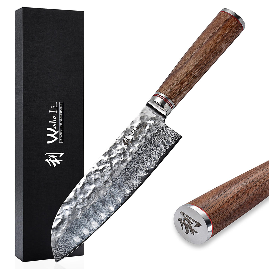 Wakoli Nussbaum Exklusives Premium Damast Santoku Messer 17,50 cm extrem scharfe Klinge I Profi Koch