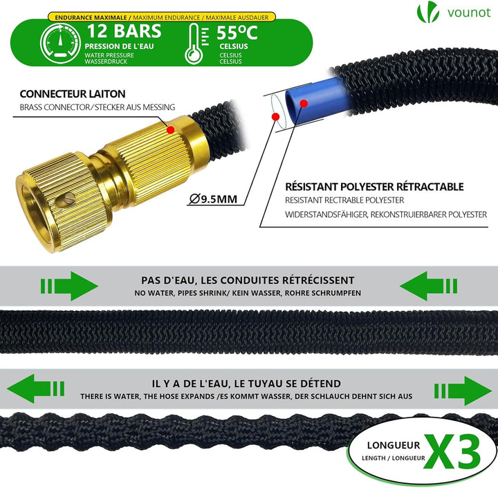VOUNOT Flexibler Gartenschlauch 15 m, Flexibel Wasserschlauch Dehnbarer mit 8 Sprühfunktionen, Spülm