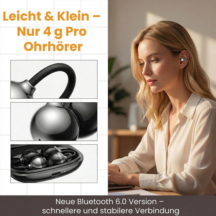 LESUN Open-Ear Clip On Kopfhörer Bluetooth 6.0: Mini Ohrhörer mit Klarem Bass, 25h Laufzeit Sport, A