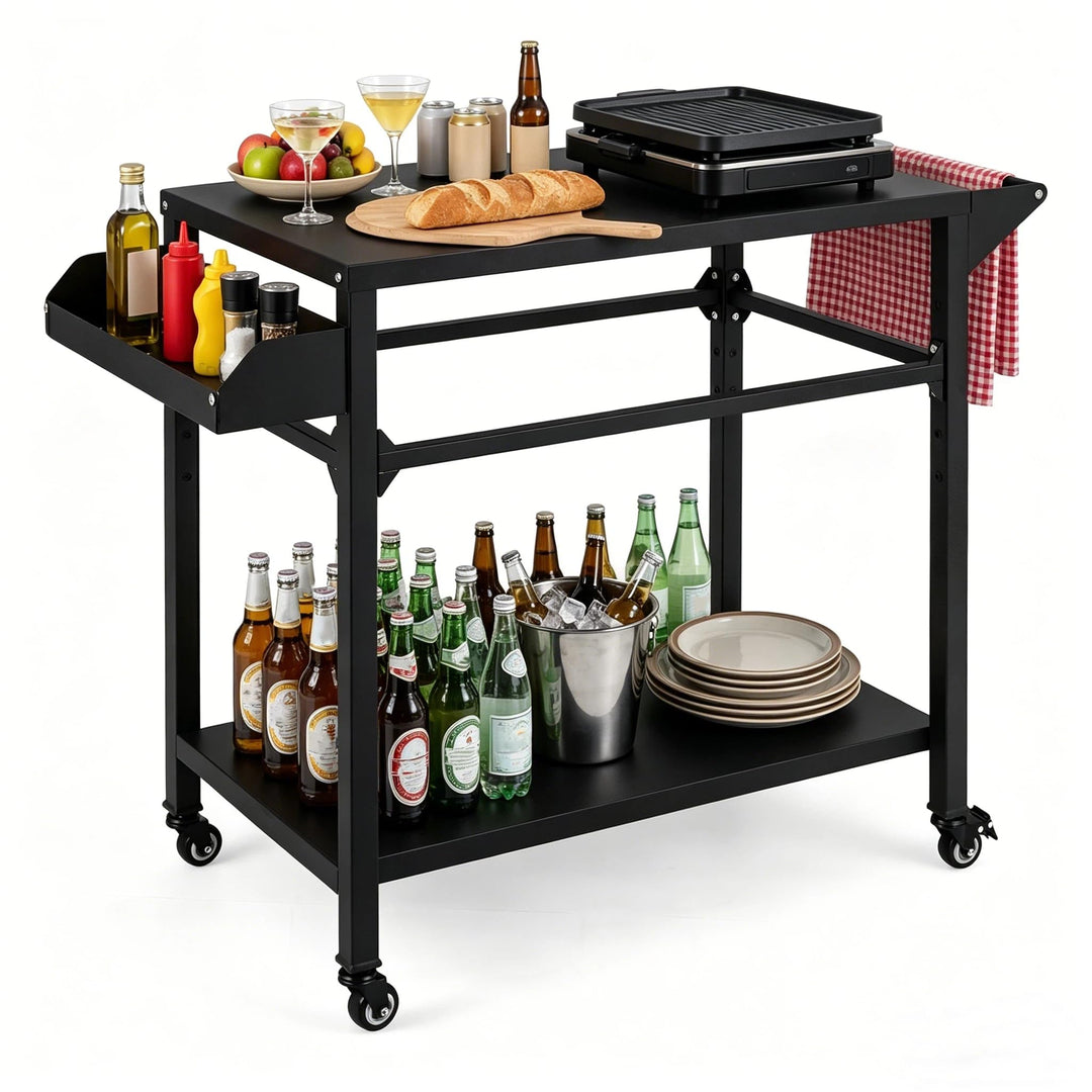 KOMFOTTEU Grillwagen mit 2 Ebenen, Gartenwagen mit Handtuchhalter &amp; Gewürzregal, Servierwagen für de