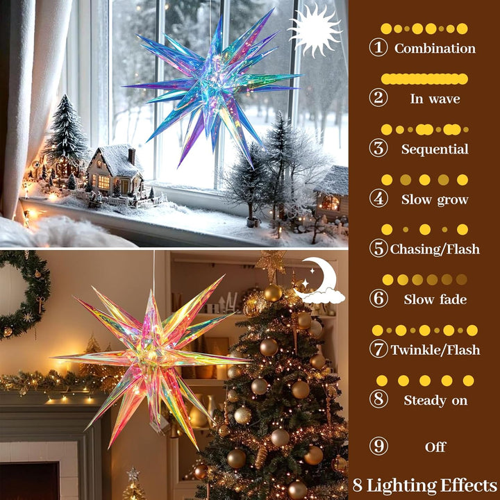 EASY JOY 60cm Weihnachtsstern Beleuchtet Faltstern mit 18 Spitzen Schillernder 3D-Stern Leuchtstern