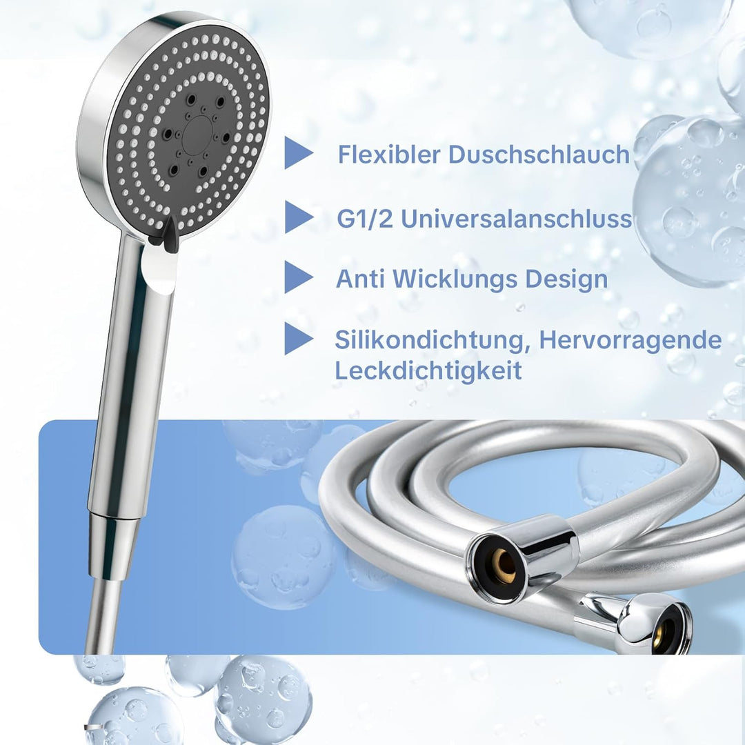 OFFO Duschkopf mit Schlauch und Halterung, 100 mm Duschbrause mit 6 Strahlarten, Handbrausen Wassers