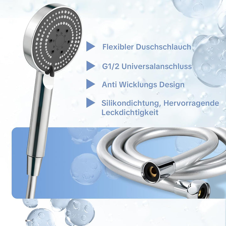 OFFO Duschkopf mit Schlauch und Halterung, 100 mm Duschbrause mit 6 Strahlarten, Handbrausen Wassers