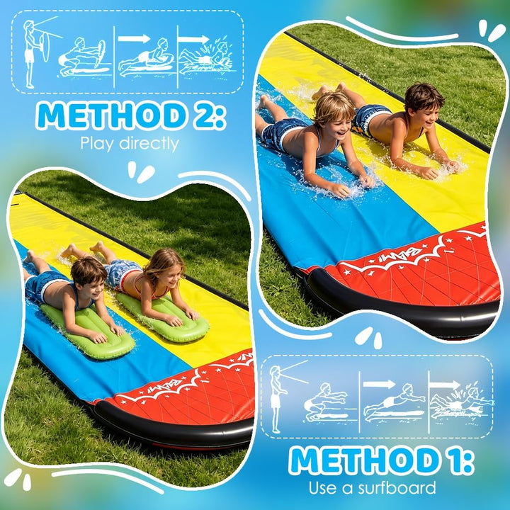 Wasserrutsche Garten, 6,1 * 1,4M Doppel Wasserrutschmatte, Wasserspielzeug Outdoor mit 2 Surfboard,