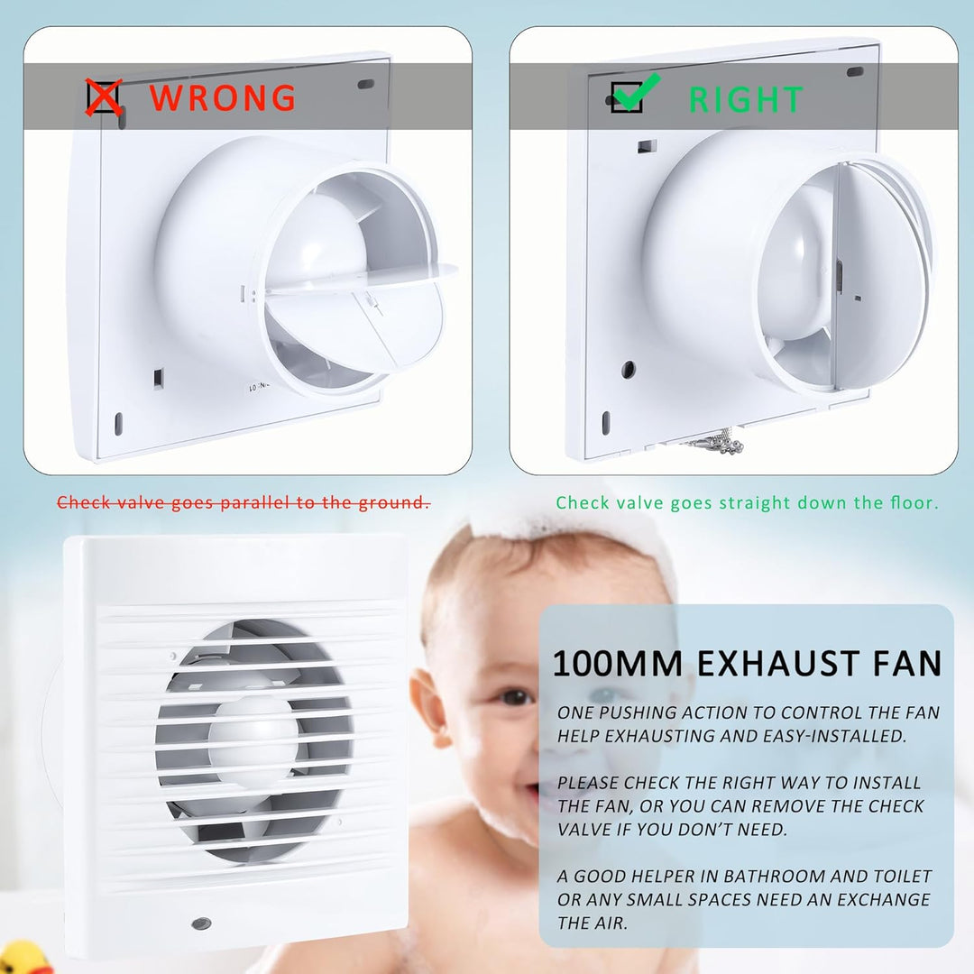 100mm Abluftventilator Badlüfter Lüfter Abluft Wandventilator mit Zugkettenschalter, Ruckstauklappe,
