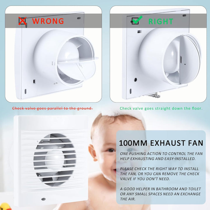 100mm Abluftventilator Badlüfter Lüfter Abluft Wandventilator mit Zugkettenschalter, Ruckstauklappe,