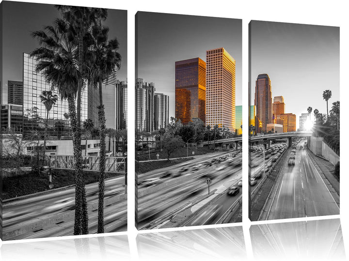 Pixxprint Strassenverkehr in Los Angeles Schwarz/Weiss 3-Teiler Leinwandbild 120x80 Bild auf Leinwan