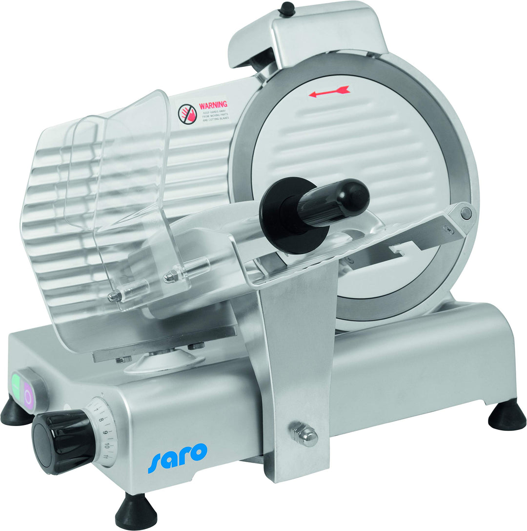 SARO Aufschnittmaschine – Ø 250 mm Klinge – Schnittstärke 0–11 mm – Mit Messerschärfer – Leichtmetal