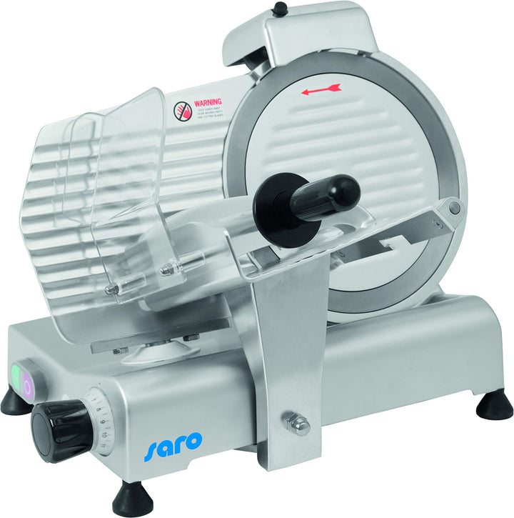 SARO Aufschnittmaschine – Ø 250 mm Klinge – Schnittstärke 0–11 mm – Mit Messerschärfer – Leichtmetal