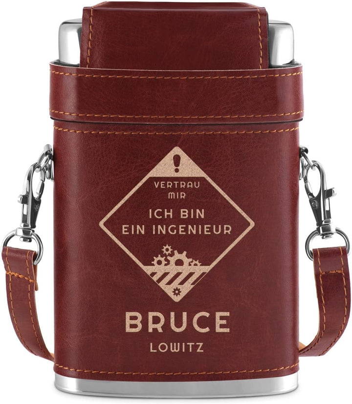 Maverton Flachmann mit Gravur - personalisiert - 250 ml - 3x10 ml Becher - aus Edelstahl - Ledertasc