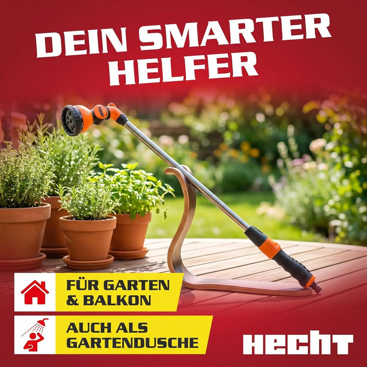 HECHT Gartenbrause mit Giessstab aus Metall, 67 cm, 10 Sprühfunktionen & 180° Sprühkopf, für Gartens