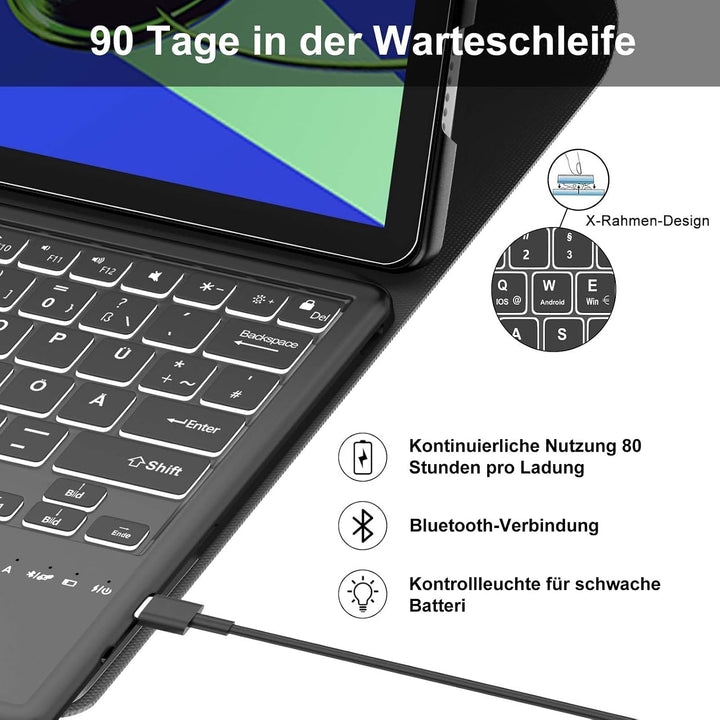 Hülle mit Tastatur für Lenovo idea Tab Pro 12.7" 2025 con Touchpad, Bluetooth 7 Farbige Beleuchtung