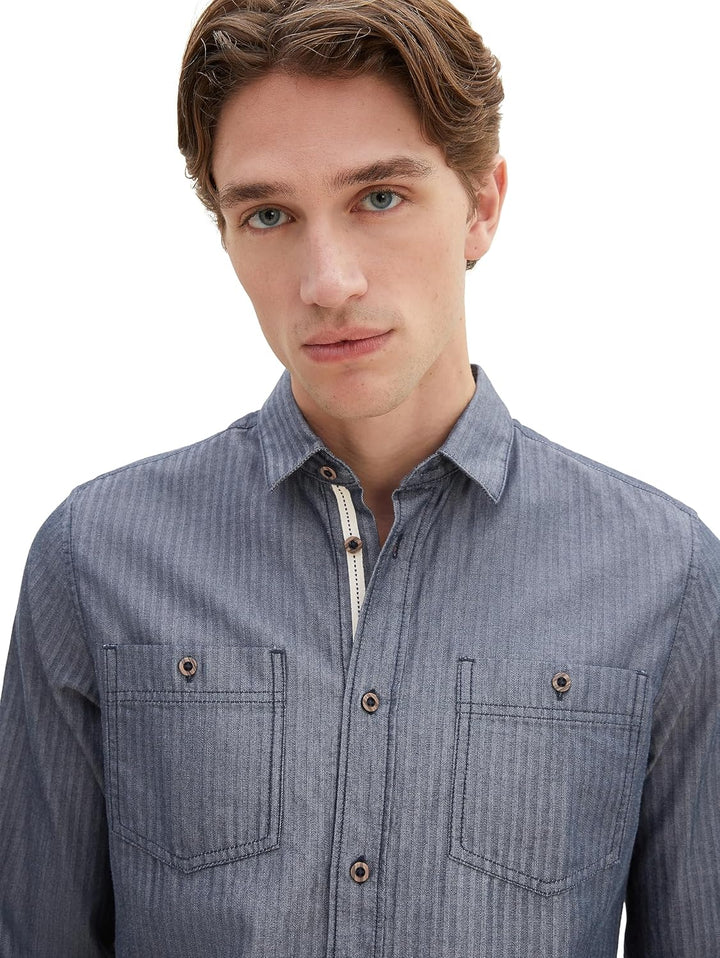 TOM TAILOR Herren Regular Fit Hemd mit aufgesetzten Brusttaschen M 32322-navy Herringbone Structure,