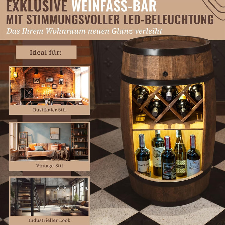 CREATIVE COOPER Fassbar mit Weinhalter und LED - Weinregal - Holzfass Hausbar 80cm - Rustikaler deko