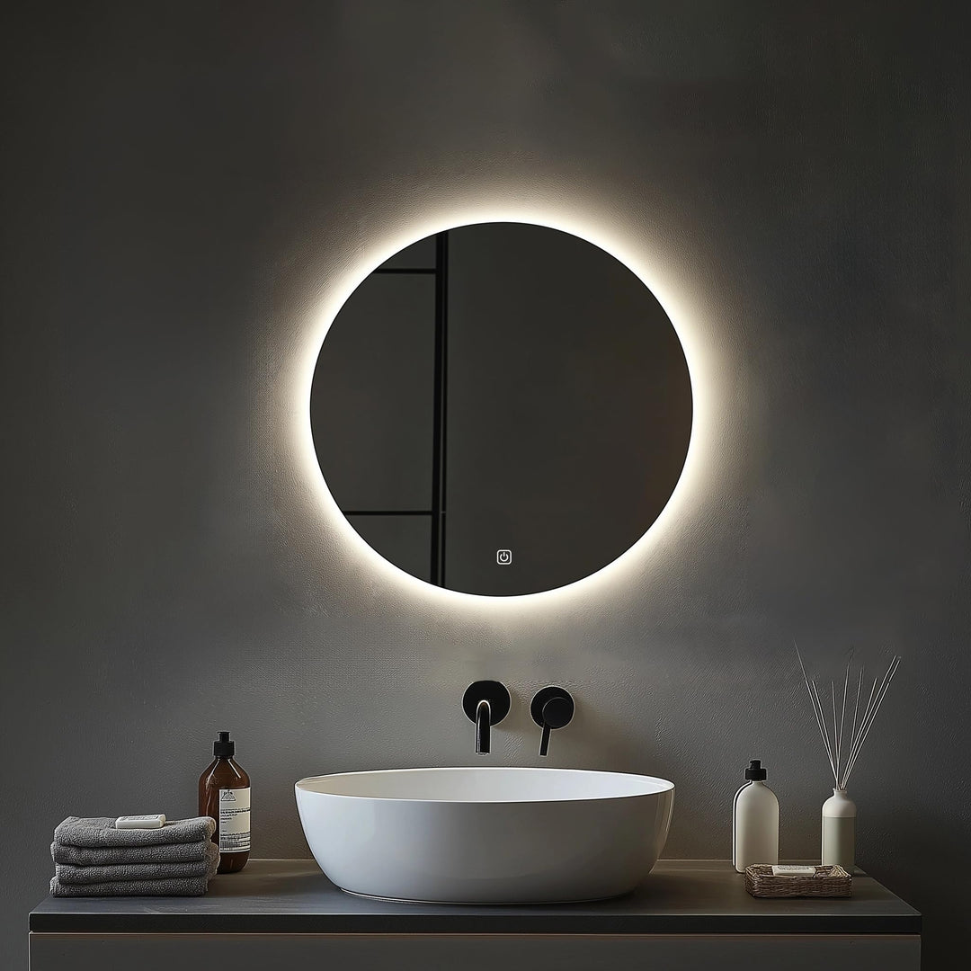 Rund Badezimmer Wandspiegel, Badspiegel Mit Beleuchtung, 50cm Spiegel mit LED Licht, Touch Schalter