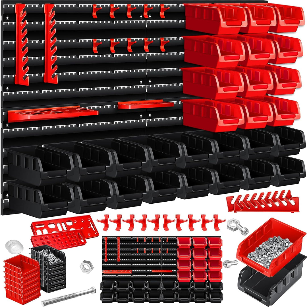 MASKO® Wandregal + Stapelboxen + Werkzeughalter | 45 TLG Box | Erweiterbar | Werkstattregal Lagerreg