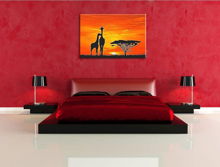 Giraffen im Sonnenuntergang Deluxe Format: 100x70 cm auf Leinwand, XXL riesige Bilder fertig gerahmt