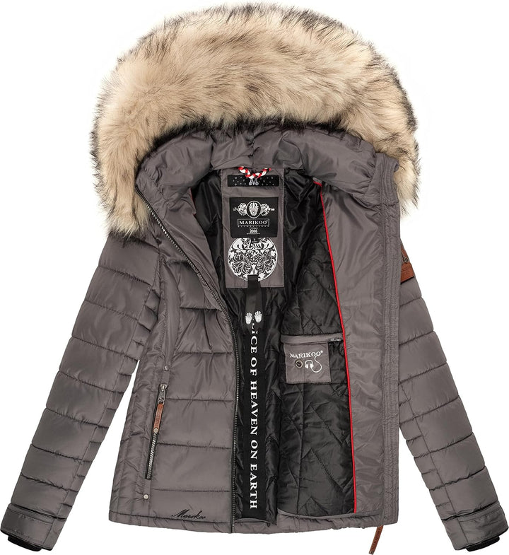 MARIKOO Damen Winterjacke Steppjacke mit abnehmbarem Kunstfell Lerikaa XS-3XL XL Dark Grey, XL Dark