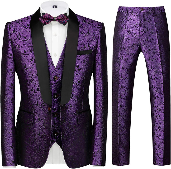 Sliktaa Anzug Herren 3-Teillig mit Schalkragen Muster Hochzeit Formell Business Smoking Jacke Weste
