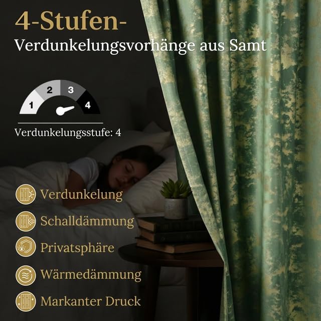 Rosnek Samtvorhang mit Kräuselband 2er Set, Golddruck, Wohnzimmer Schlafzimmer Verdunkelung Thermovo