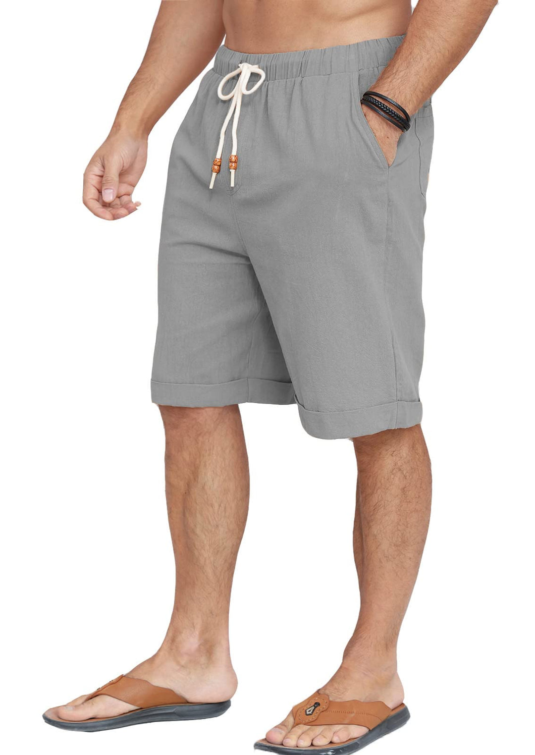 Halfword Leinenhose Herren Kurz Leinen Shorts Kordelzug Strand Freizeithose Leichte Urlaub Sommer M
