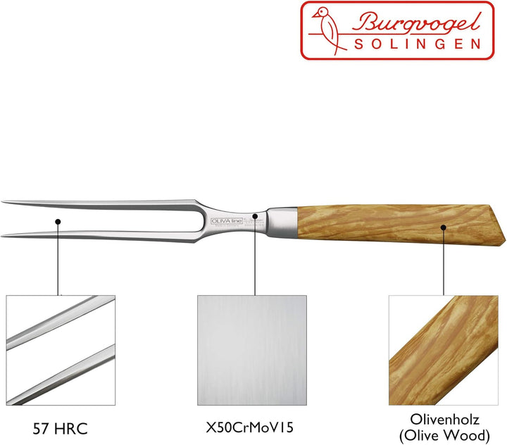 Burgvogel Solingen Fleischgabel 15 cm geschmiedet Olivenholz, Oliva Line, Grillgabel rostfrei, Wurst