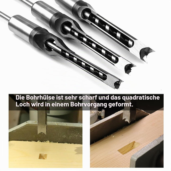 ATOPLEE Quadratische Lochbohrer für Holz, 3pcs HSS Holzbearbeitung Quadrat Mortise Bohrer,Loch-Durch