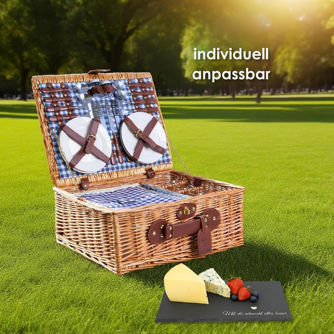 2 Handgefertigte Picknickkörbe für 4 Personen mit Kühlfach, Edelstahlbesteck, Porzellanteller, Weing