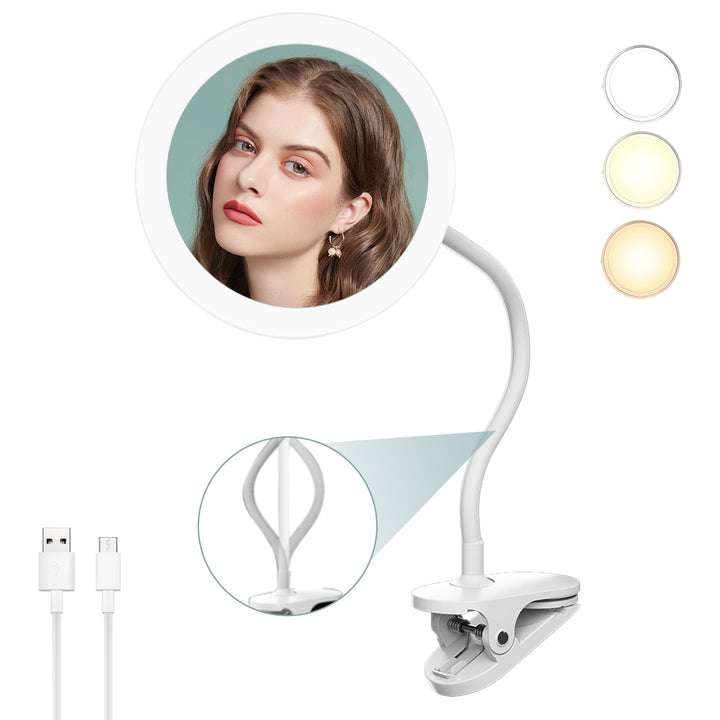 TUSHENGTU 16,5 cm Clip-on-Schminkspiegel mit Licht, Schwanenhals-Reise-Flachspiegel, USB-Aufladung (
