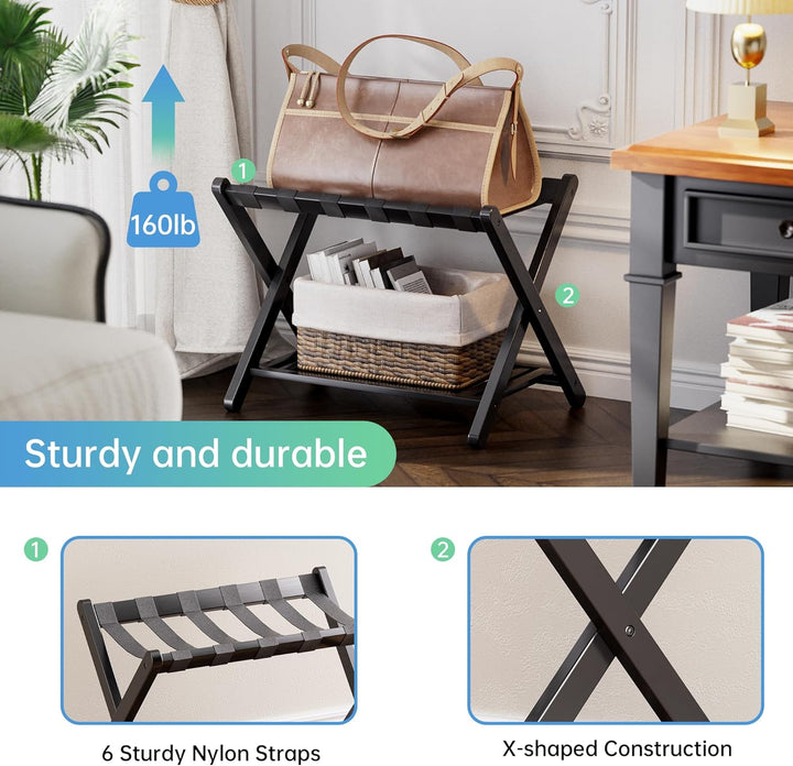 SMIBUY Gepäckträger, faltbarer Kofferständer aus Bambus mit Ablagefächern für Gästezimmer, Schlafzim