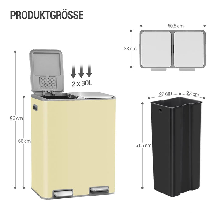Hzuaneri Mülleimer Küche, 2 x 30 L, Mülltrennsystem 2 Fächer 60 L, Edelstahl-küchenmülleimer, Tretmü