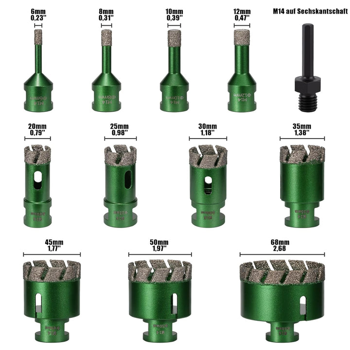 12 Stück 6-68mm Trocken Fliesenbohrer Set, M14 Gewindeanschluss Vakuumgelötete Lochsäge Diamantbohre