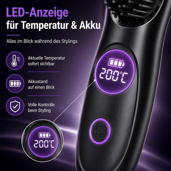 Glättbürste Kabellos, Stylingbürste für Kurze Haare mit LED Anzeige, 25s Keramikerwärmung Glättungsk
