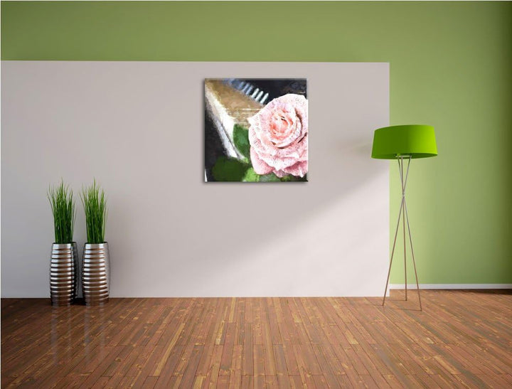 Noten auf Rosenblätter, Format: 70x70 auf Leinwand, XXL riesige Bilder fertig gerahmt mit Keilrahmen