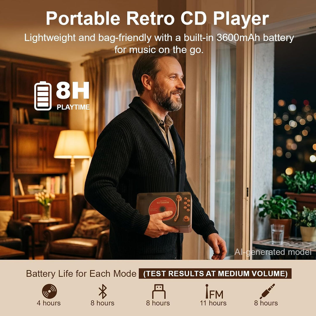 Gueray Tragbarer Bluetooth CD-Player mit Lautsprechern 3600mAh Wiederaufladbarer Vintage CD Spieler