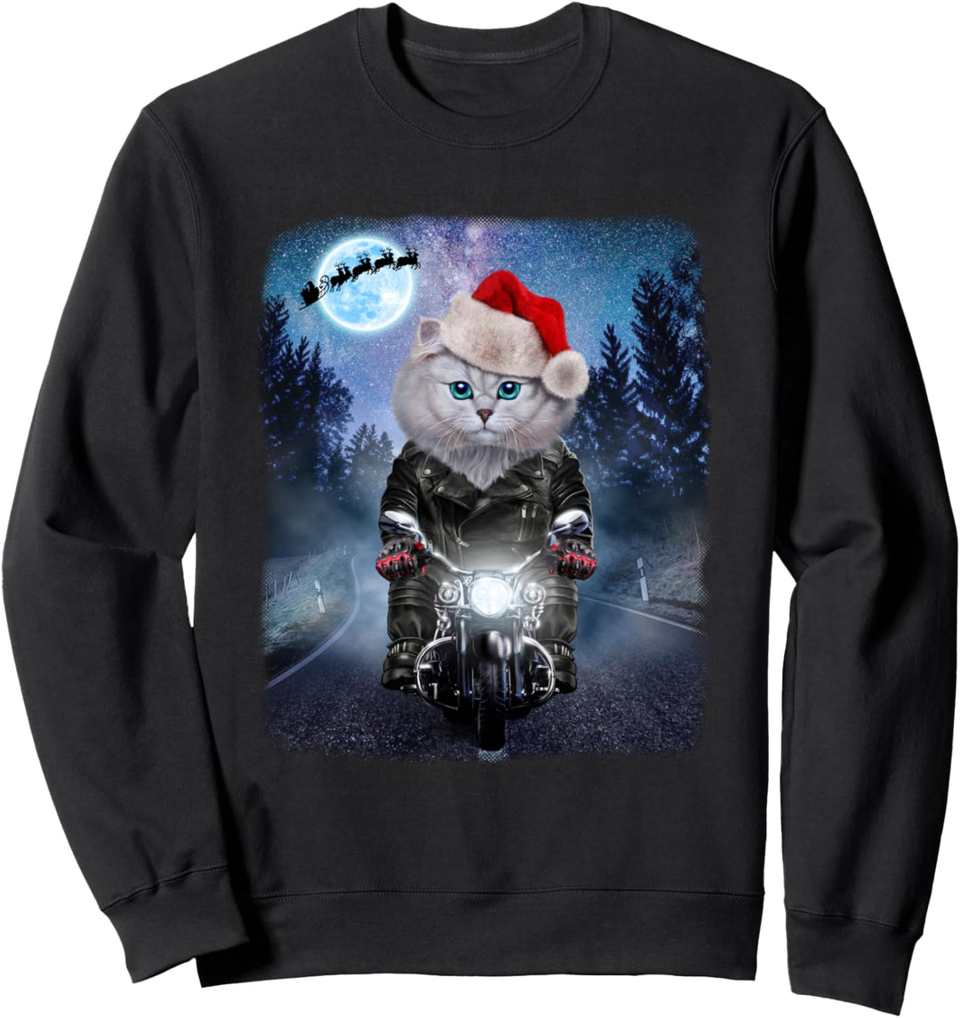Weisse Katze, die Weihnachtsmütze auf Motorrad trägt Sweatshirt