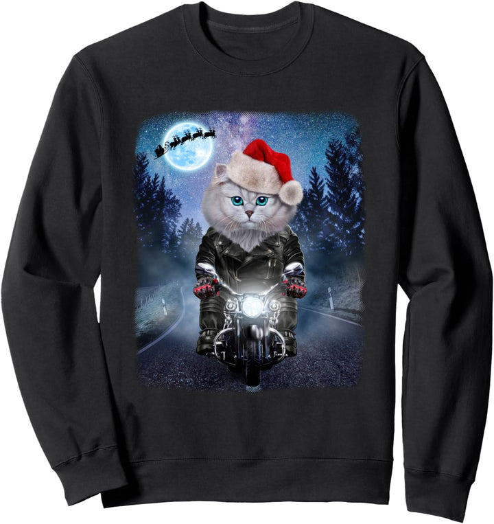 Weisse Katze, die Weihnachtsmütze auf Motorrad trägt Sweatshirt
