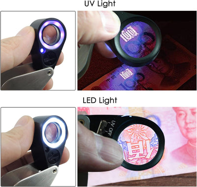 10x faltbare und beleuchtete Lupe für Juweliere. 21mm UV und LED Licht für Steine Briefmarken Münzen