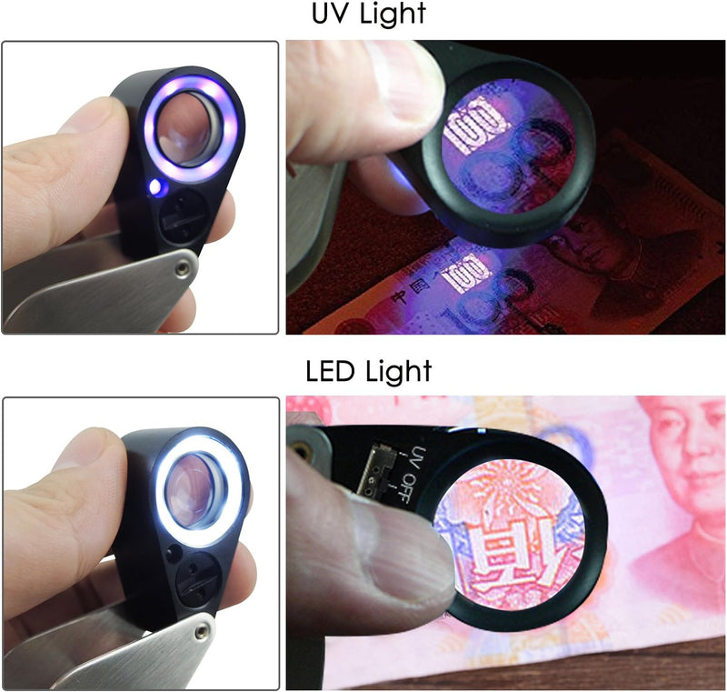 10x faltbare und beleuchtete Lupe für Juweliere. 21mm UV und LED Licht für Steine Briefmarken Münzen