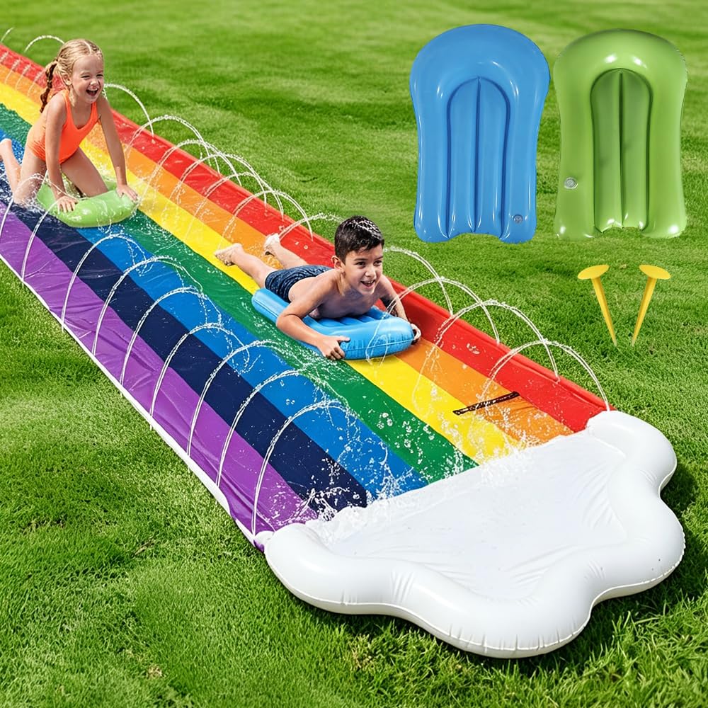 Mineup 480 x 140cm Wasserrutsche Garten, Wasserrutschmatte mit 2 Bodyboards, Doppelrutsche mit Einge